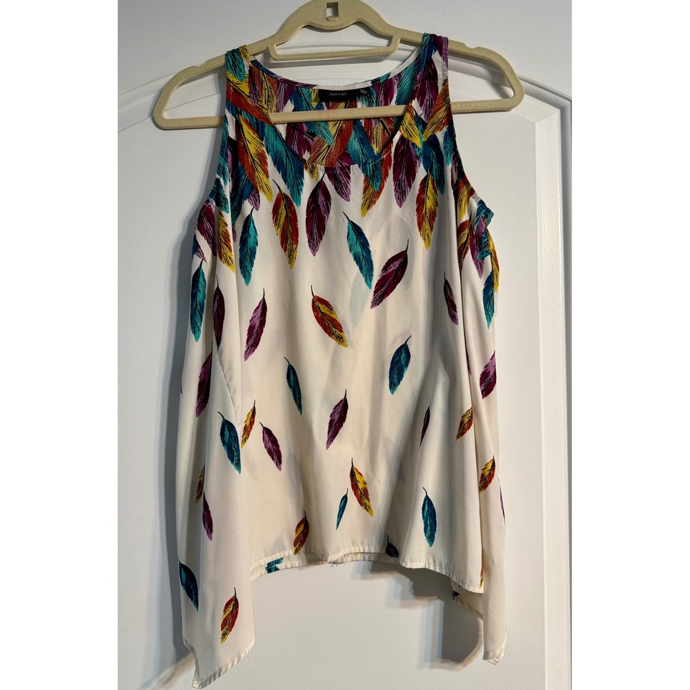 Apt. 9 Sleeveless Blouse‎ Women Medium White Multi Feather Boho Festival Top